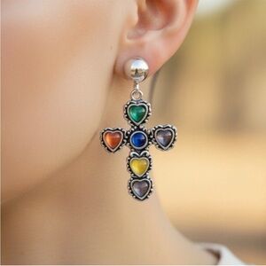 Multicolor Heart Cross Drop Earrings